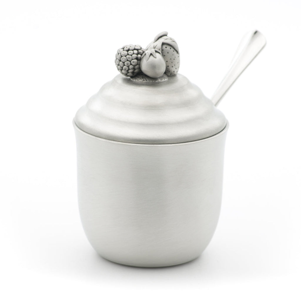 Jam Jar (Spoon sold seperately) view two. Satin Finish. Made from Pewter. Made in Fredericton NB New Brunswick Canada