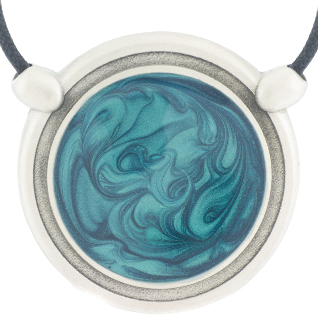 Inspiration Pendant. Teal Blue Enamel. Necklace. Black Cord. Made from Pewter. Made in Fredericton NB New Brunswick Canada