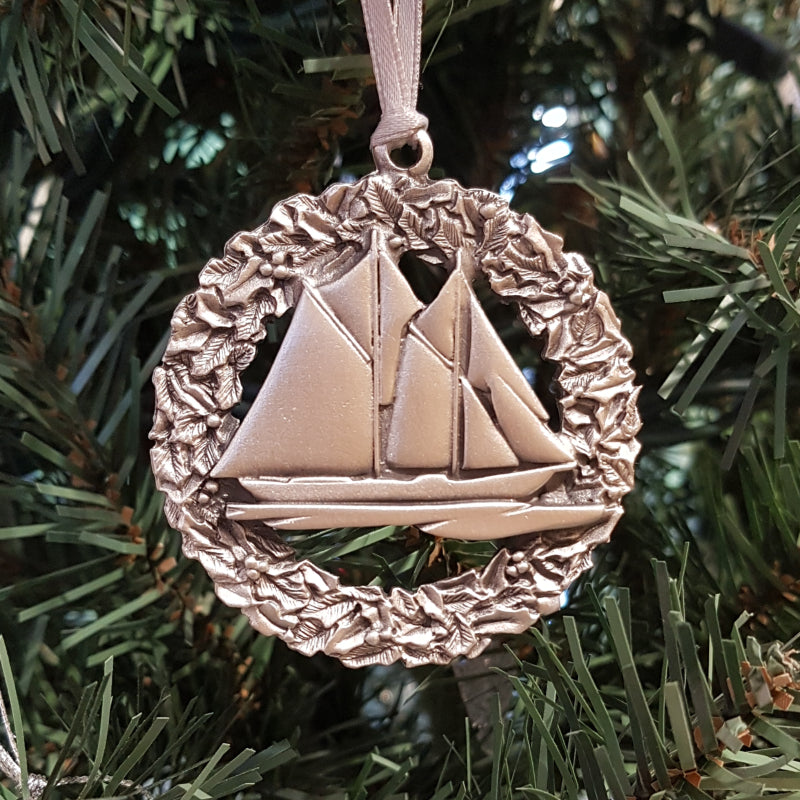 pewter bluenose ornament on christmas tree
