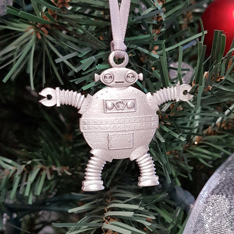 pewter robot ornament on christmas tree