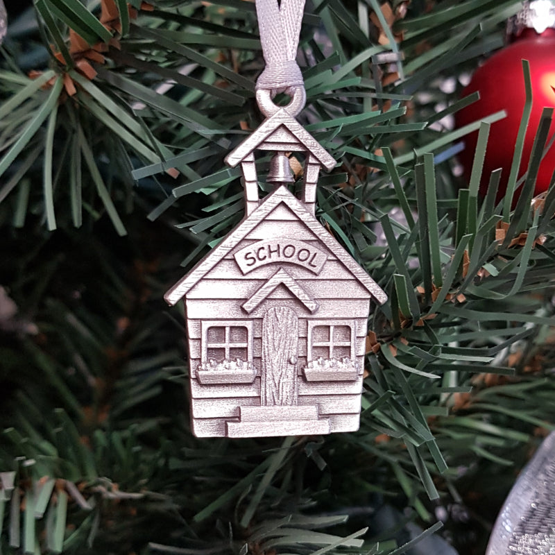 pewter school ornament on christmas tree school house ornament