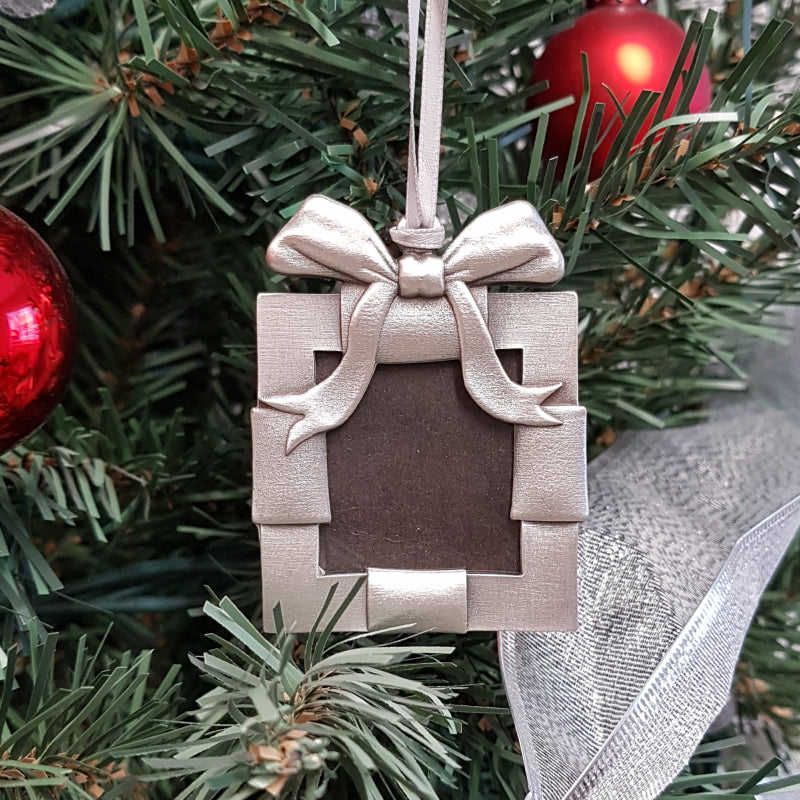 pewter picture frame ornament on christmas tree
