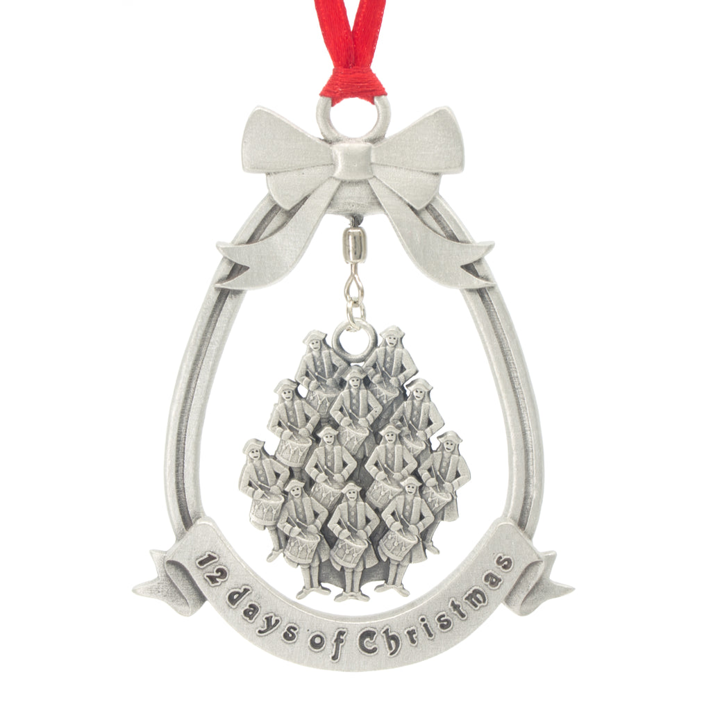 Twelve Drummers Drumming 12 Day of Christmas Tree ornament. Made from Pewter. Red ribbon. Made in Fredericton NB New Brunswick Canada