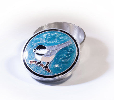 Chickadee Enamelled Blue and Grey Pewter Memory Box