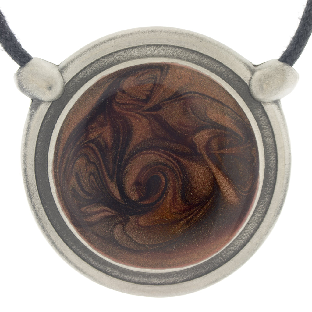 Inspiration Pendant. Brown Enamel. Necklace. Black Cord. Made from Pewter. Made in Fredericton NB New Brunswick Canada