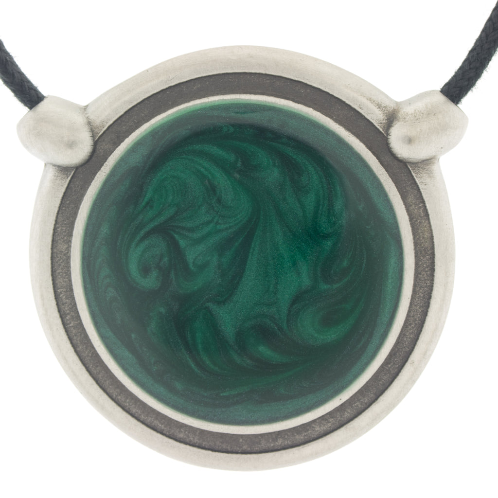 Inspiration Pendant. Green Enamel. Necklace. Black Cord. Made from Pewter. Made in Fredericton NB New Brunswick Canada