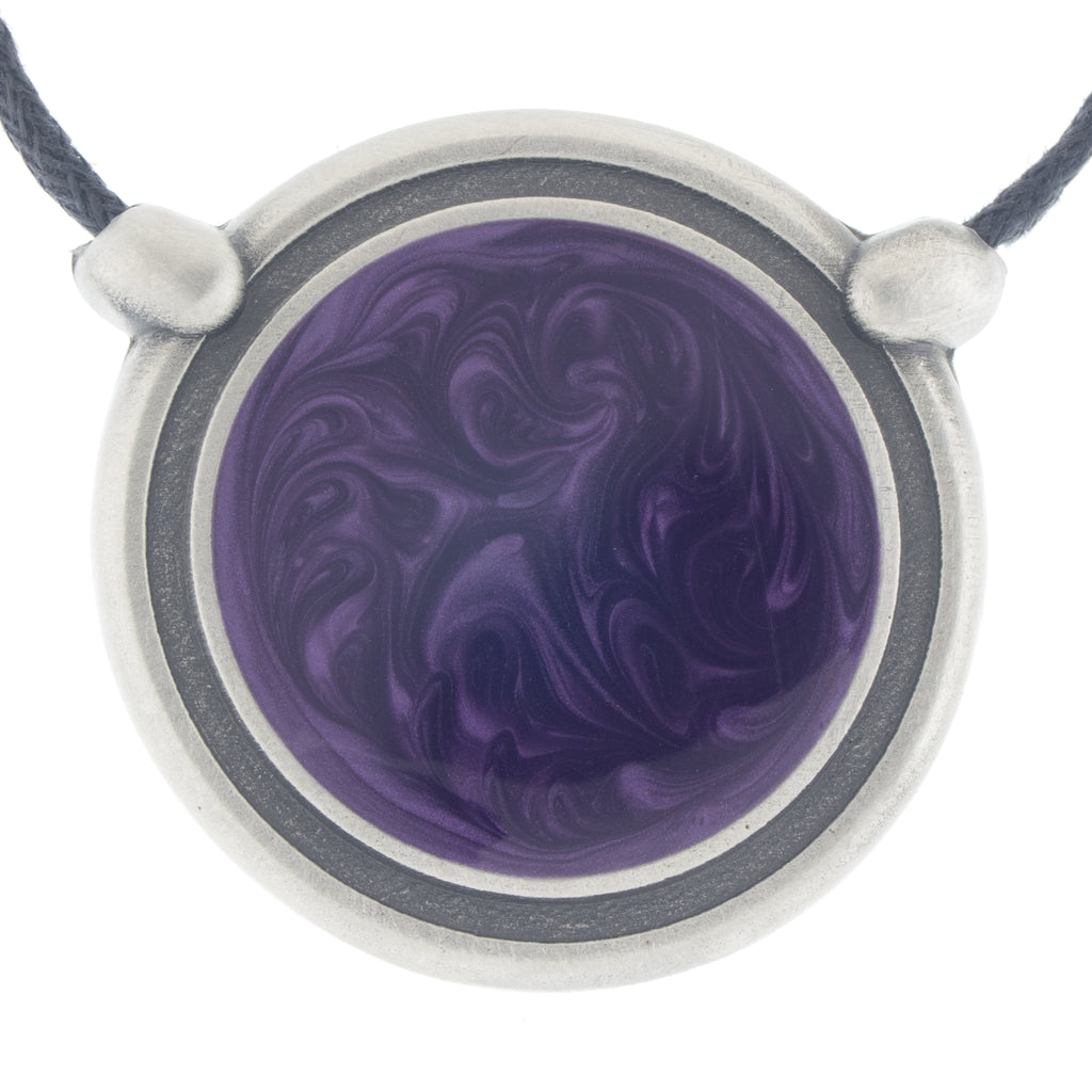Inspiration Pendant. Violet Enamel. Necklace. Black Cord. Made from Pewter. Made in Fredericton NB New Brunswick Canada