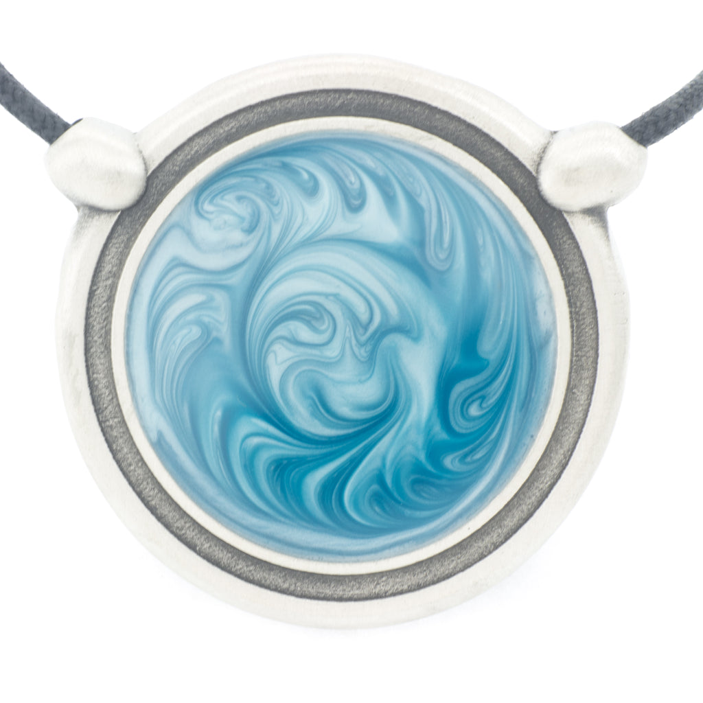 Inspiration Pendant. Sky Blue Enamel. Necklace. Black Cord. Made from Pewter. Made in Fredericton NB New Brunswick Canada