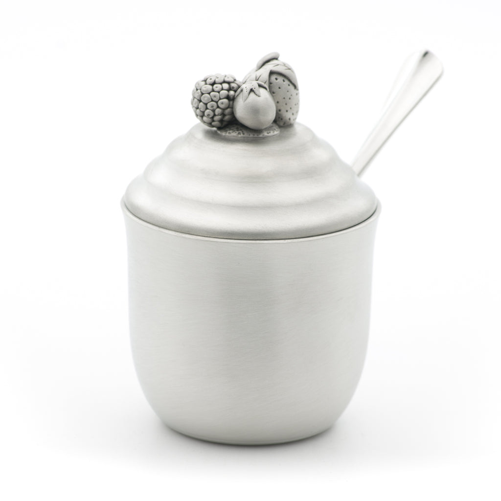 Jam Jar (Spoon sold seperately) view two. Satin Finish. Made from Pewter. Made in Fredericton NB New Brunswick Canada