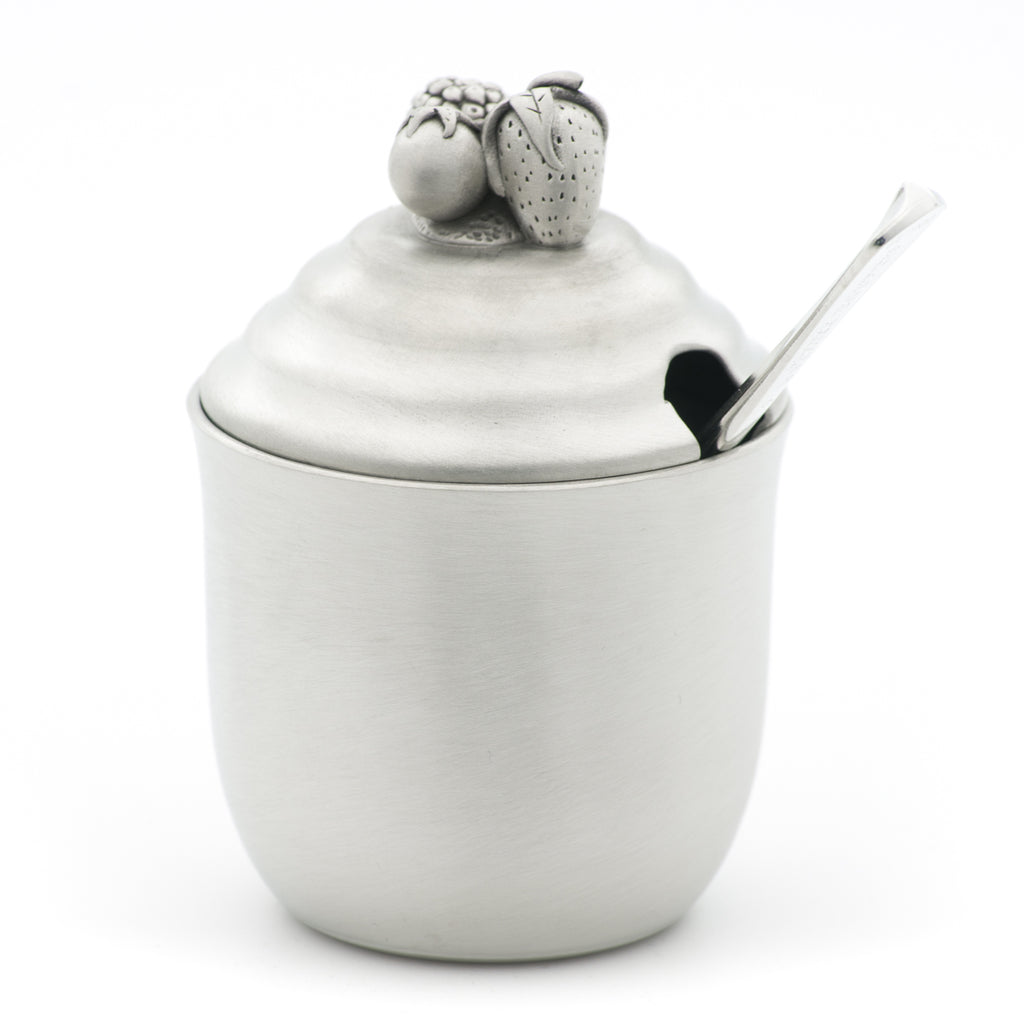 Jam Jar (Spoon sold seperately). Satin Finish. Made from Pewter. Made in Fredericton NB New Brunswick Canada