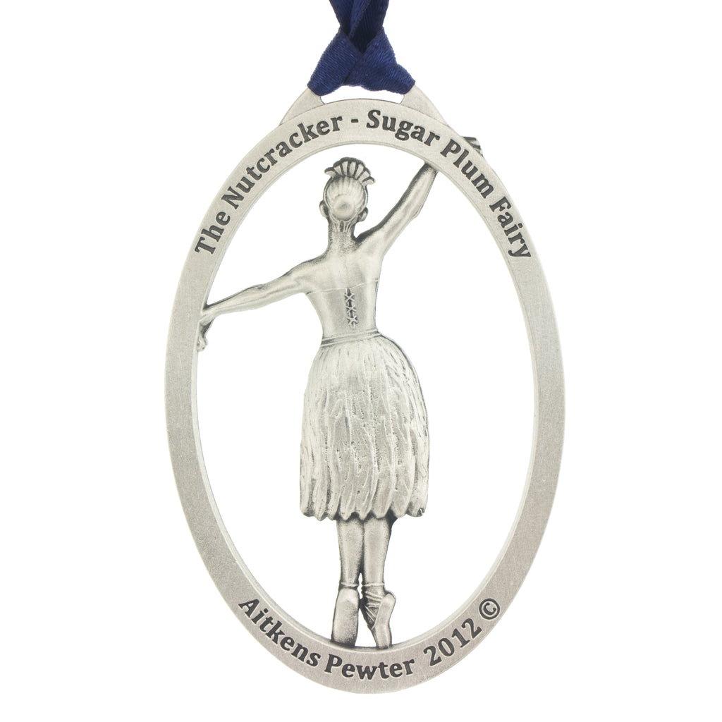 The Nutcracker. Sugar Plum Fairy. Ballet. Dance. Annual Series. 2012. Christmas Tree ornament. Made from Pewter. Blue ribbon. Made in Fredericton NB New Brunswick Canada