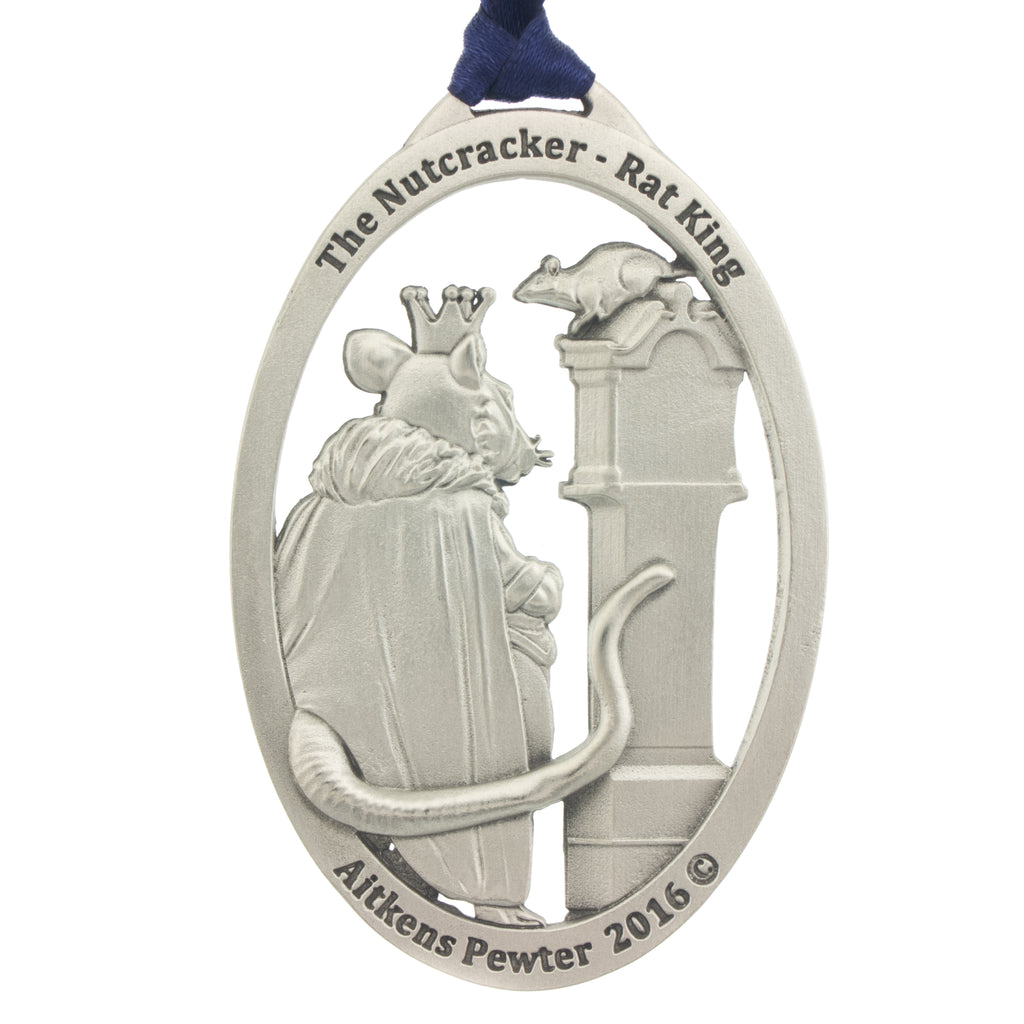 The Nutcracker. Rat King. Ballet. Dance. Annual Series. 2016. Christmas Tree ornament. Made from Pewter. Blue ribbon. Made in Fredericton NB New Brunswick Canada