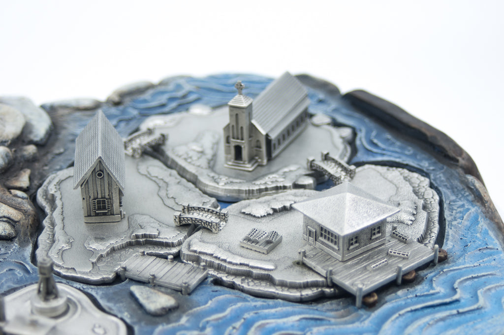 Snug Cove close up. Miniature. Diorama. Made from pewter and wood. Made in Fredericton NB New Brunswick Canada