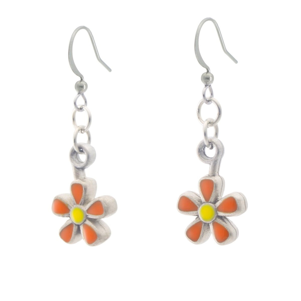 Spring Blossom Earrings. Red and yellow enamel. Made from Pewter. Made in Fredericton NB New Brunswick Canada