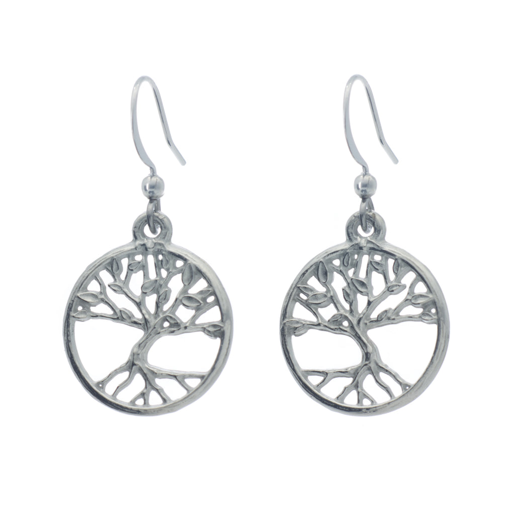 Tree of Life Earrings. Polish finish. Made from Pewter. Made in Fredericton NB New Brunswick Canada