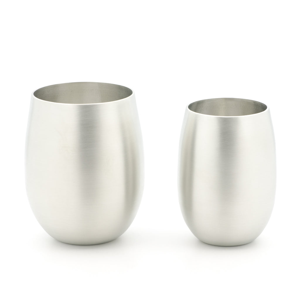 Red Wine Tumbler (L) and White Wine Tumbler (R) size comparison. Made from Pewter. Made in Fredericton NB New Brunswick Canada