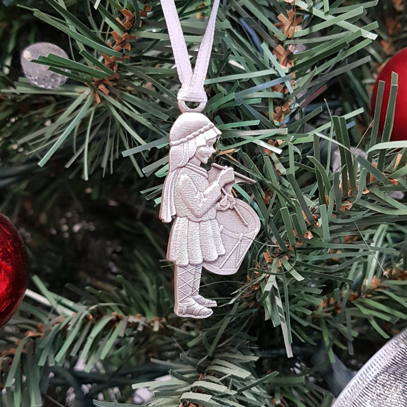 pewter little drummer boy ornament on christmas tree