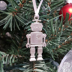 pewter robot ornament on christmas tree