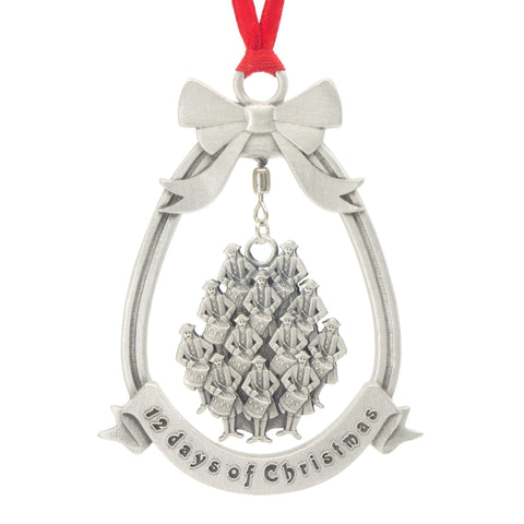 Twelve Drummers Drumming 12 Day of Christmas Tree ornament. Made from Pewter. Red ribbon. Made in Fredericton NB New Brunswick Canada