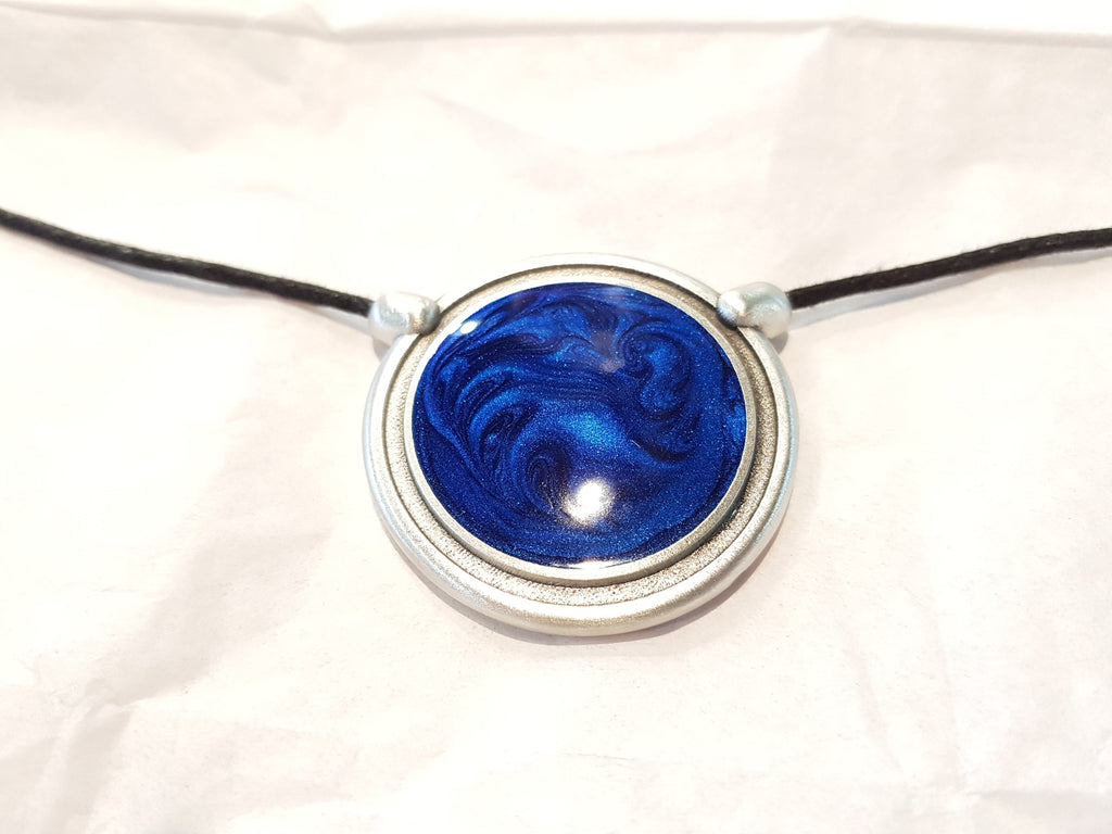 Inspiration Pendant. Sapphire Blue Enamel. Necklace. Black Cord. Made from Pewter.  Made in Fredericton NB New Brunswick Canada