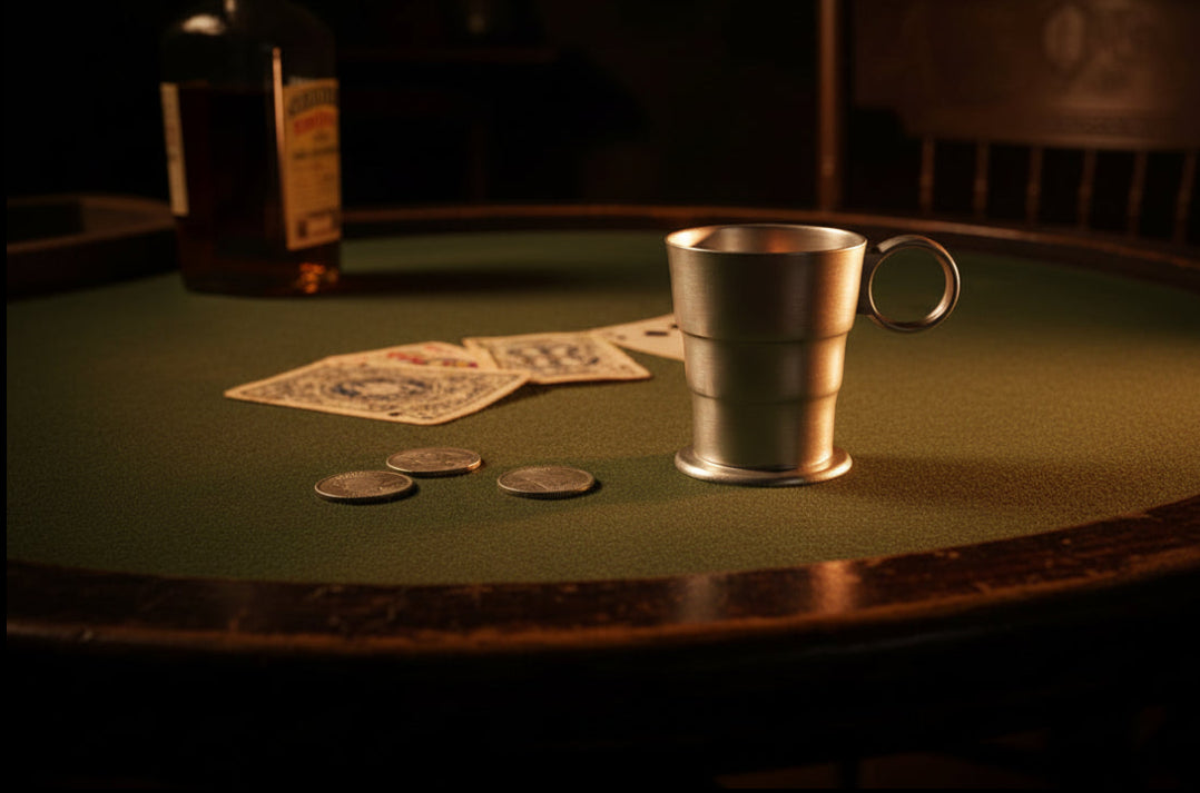 A dark metal cup with a loop handle sits on a green felt table next to playing cards, coins, and a bottle in a dimly lit, moody setting.