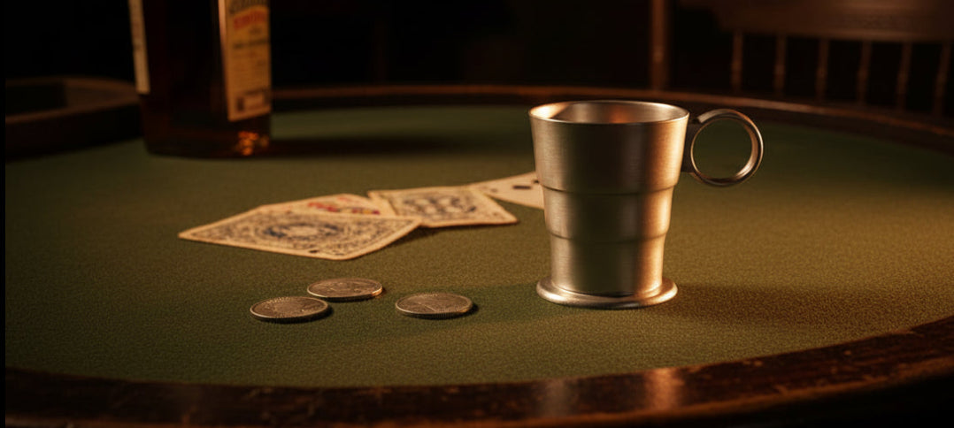 A silver metal cup with a loop handle sits on a green felt table, surrounded by playing cards, coins, and a bottle in a dimly lit setting.