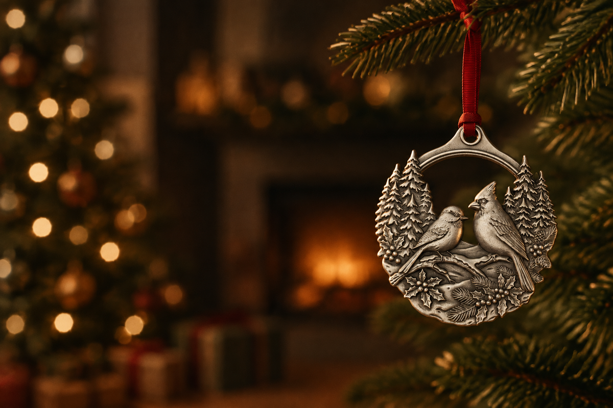 A circular pewter Christmas ornament featuring two cardinal birds perched among pine trees and winter foliage, suspended by a red hanging ribbon on a white background.