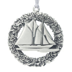 Bluenose Wreath Christmas Tree ornament. Made from Pewter. Silver ribbon. Made in Fredericton NB New Brunswick Canada