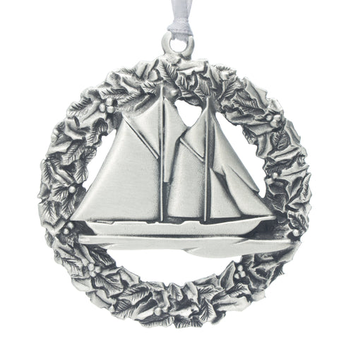 Bluenose Wreath Christmas Tree ornament. Made from Pewter. Silver ribbon. Made in Fredericton NB New Brunswick Canada