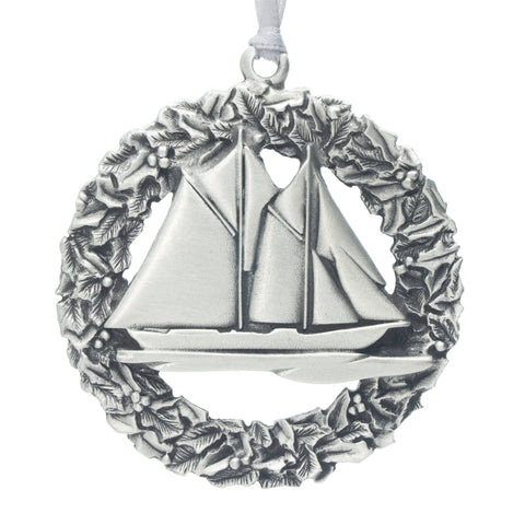 Bluenose Wreath Christmas Tree ornament. Made from Pewter. Silver ribbon. Made in Fredericton NB New Brunswick Canada