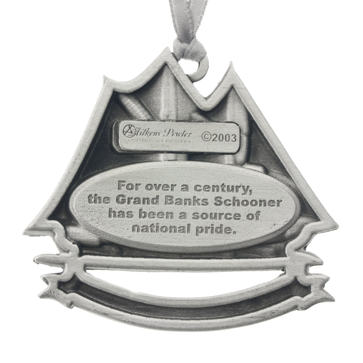 Bluenose schooner on the water, above a banner reading "Halifax, NS." Christmas Tree ornament. Made from Pewter. Silver ribbon. Made in Fredericton NB New Brunswick Canada