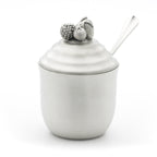 Jam Jar (Spoon sold seperately) view two. Satin Finish. Made from Pewter. Made in Fredericton NB New Brunswick Canada