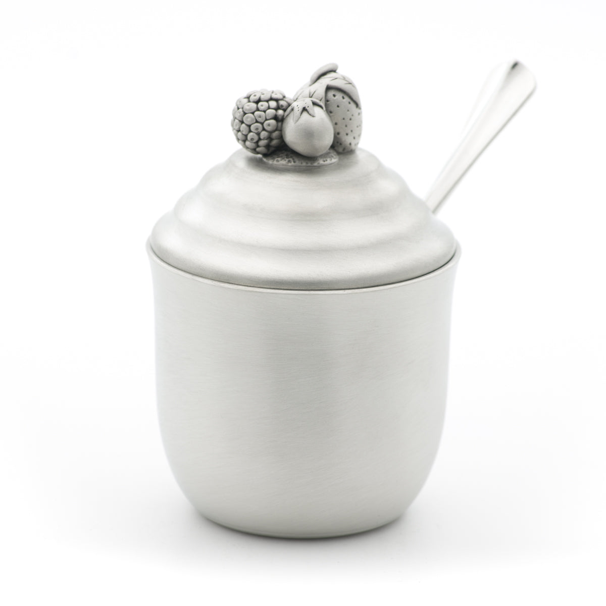 Jam Jar (Spoon sold seperately) view two. Satin Finish. Made from Pewter. Made in Fredericton NB New Brunswick Canada