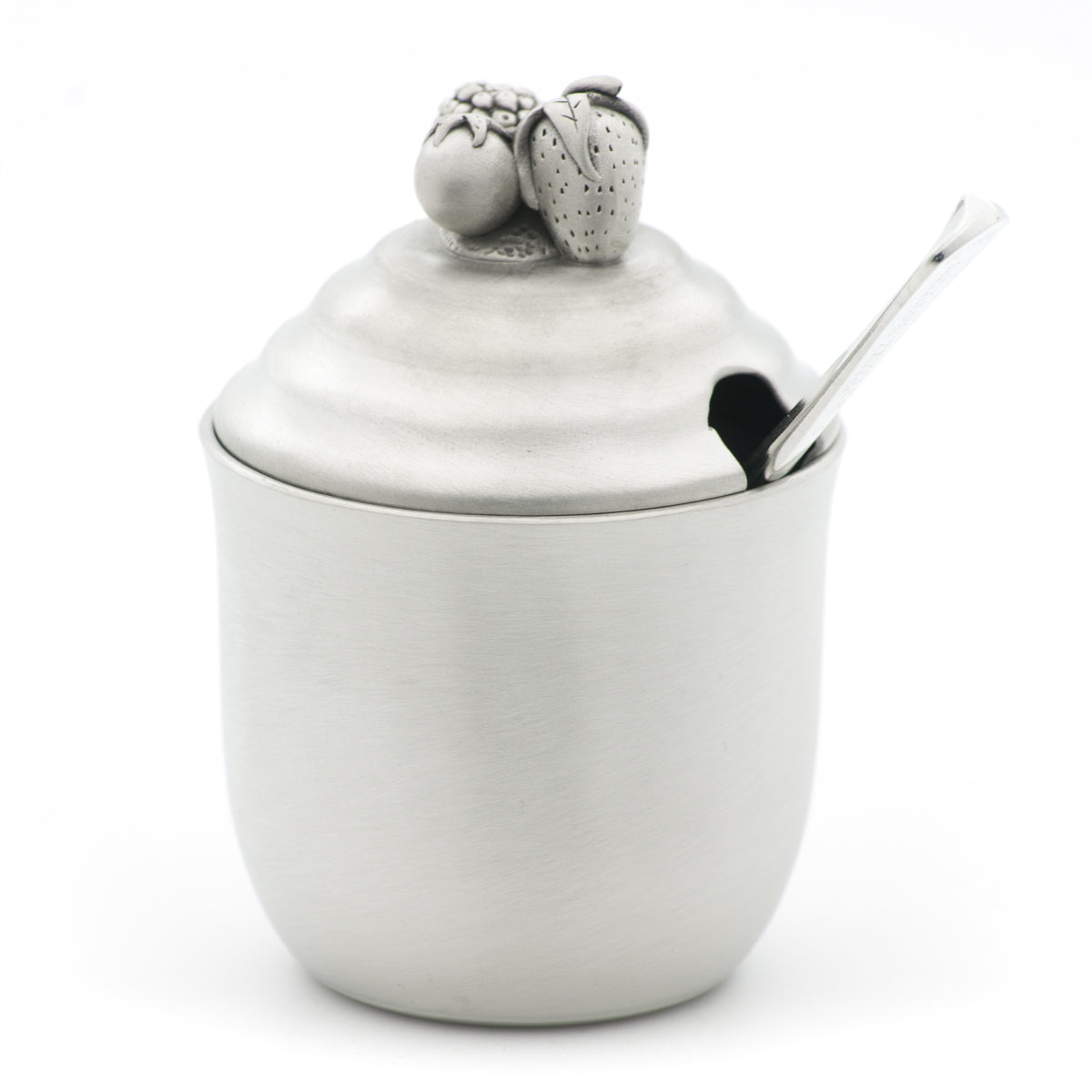 Jam Jar (Spoon sold seperately). Satin Finish. Made from Pewter. Made in Fredericton NB New Brunswick Canada