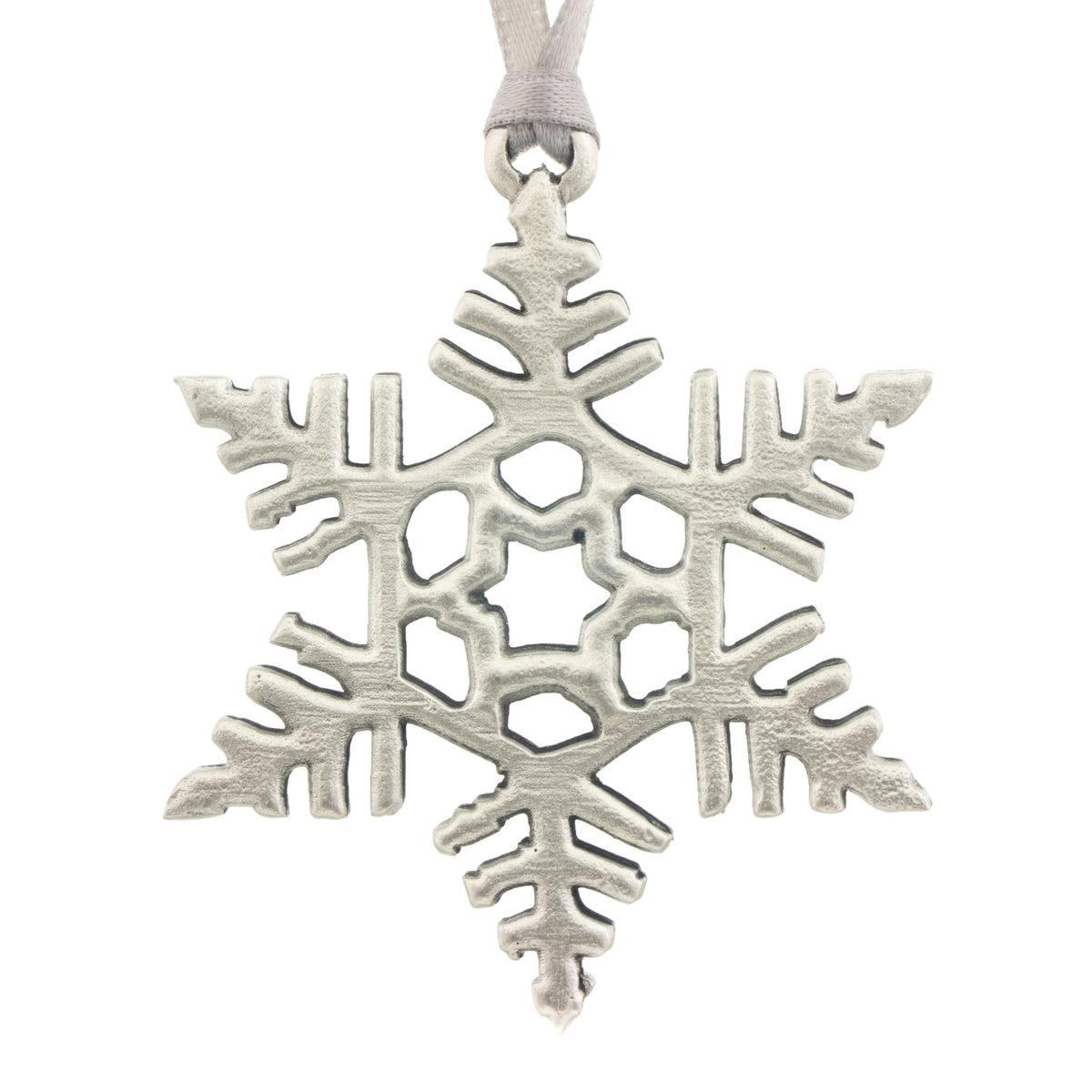 Frosty Christmas Tree ornament. Let it Snow series. Made from Pewter. Silver ribbon. Made in Fredericton NB New Brunswick Canada