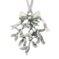 A delicate mistletoe Christmas Tree ornament. Made from Pewter. Silver ribbon. Made in Fredericton NB New Brunswick Canada