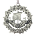 The NB galley inset in a wreath, and a New Brunswick Banner. Christmas Tree ornament. Made from Pewter. Silver ribbon. Made in Fredericton NB Canada