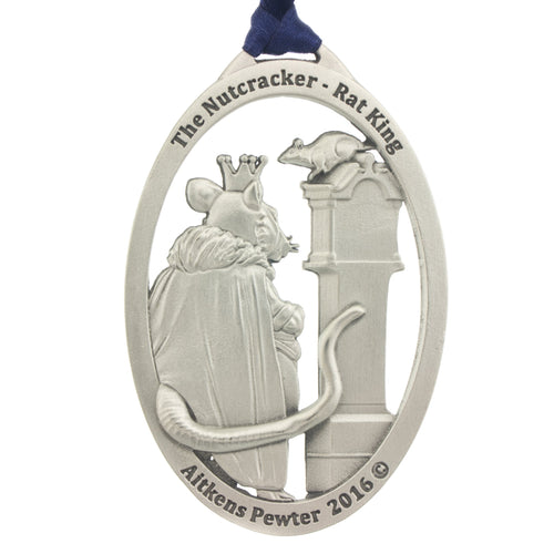 The Nutcracker. Rat King. Ballet. Dance. Annual Series. 2016. Christmas Tree ornament. Made from Pewter. Blue ribbon. Made in Fredericton NB New Brunswick Canada