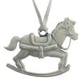 A rocking horse Christmas Tree ornament. Made from Pewter. Silver ribbon. Made in Fredericton NB New Brunswick Canada