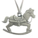 A rocking horse Christmas Tree ornament. Made from Pewter. Silver ribbon. Made in Fredericton NB New Brunswick Canada