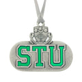 Saint Thomas University Crest, and STU in translucent green enamal. Christmas Tree ornament. Made from Pewter. Silver ribbon. Made in Fredericton NB New Brunswick Canada
