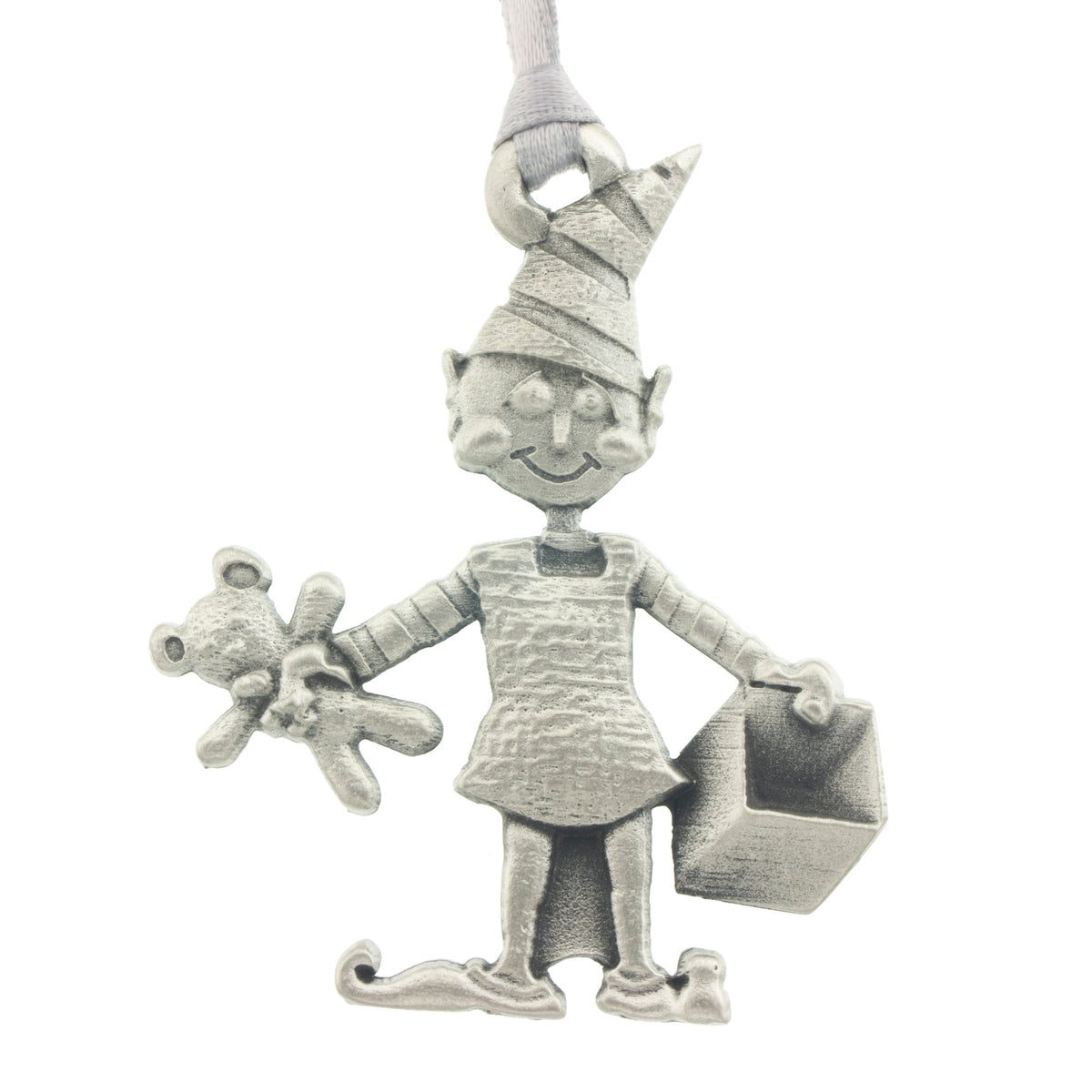 Santa's Elf Christmas Tree ornament. Santa's Village series. Made from Pewter. Silver ribbon. Made in Fredericton NB New Brunswick Canada
