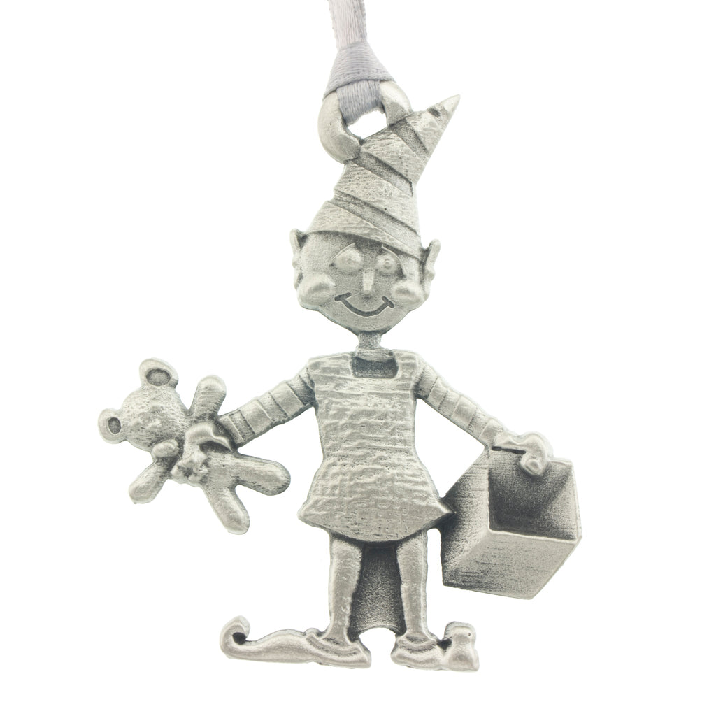 Santa's Elf Christmas Tree ornament. Santa's Village series. Made from Pewter. Silver ribbon. Made in Fredericton NB New Brunswick Canada