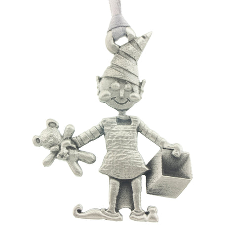Santa's Elf Christmas Tree ornament. Santa's Village series. Made from Pewter. Silver ribbon. Made in Fredericton NB New Brunswick Canada