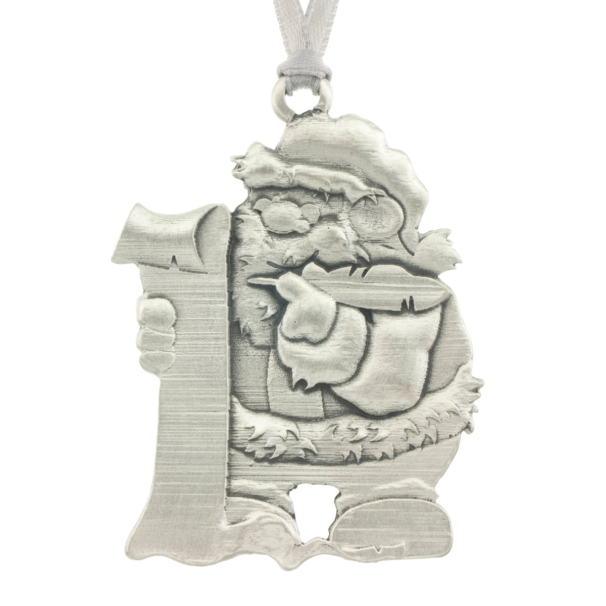 Santa Claus Christmas Tree ornament. Santa's village series. Made from Pewter. Silver ribbon. Made in Fredericton NB New Brunswick Canada