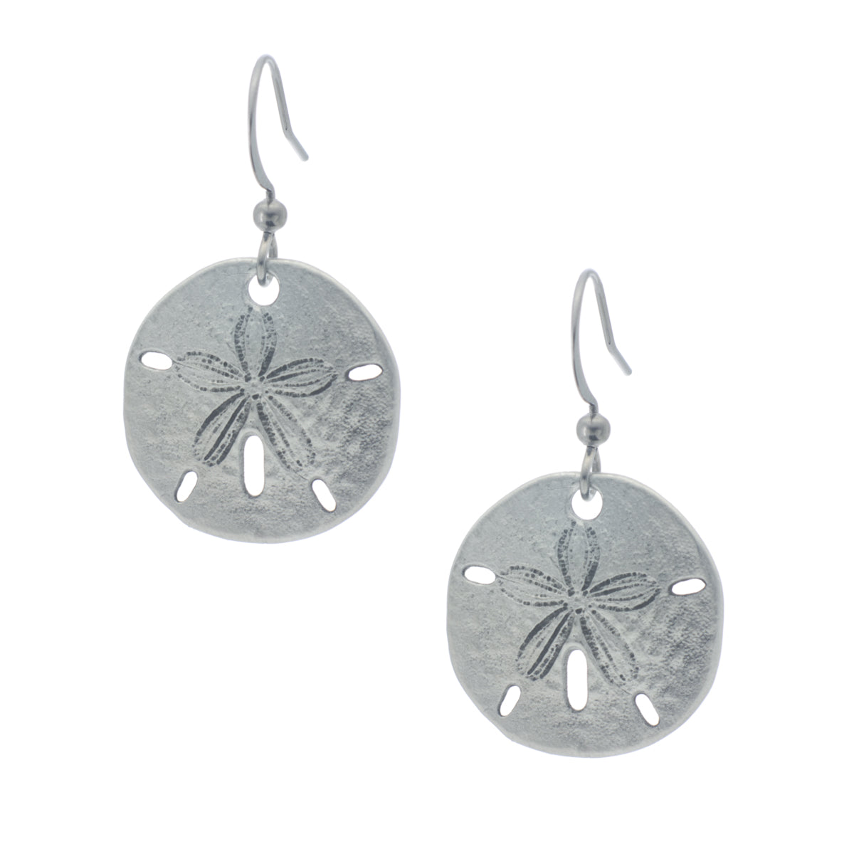 Small Sand Dollar Earring. Satin finish. Made from Pewter. Made in Fredericton NB New Brunswick Canada