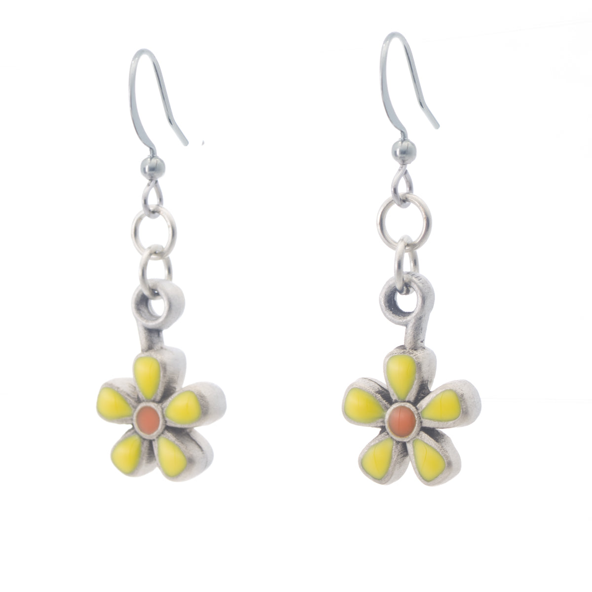 Spring Blossom Earrings. Yellow and orange enamel. Made from Pewter. Made in Fredericton NB New Brunswick Canada