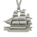 An adventurous tall masted clipper ship with full sails. Christmas Tree ornament. Made from Pewter. Silver ribbon. Made in Fredericton NB New Brunswick Canada