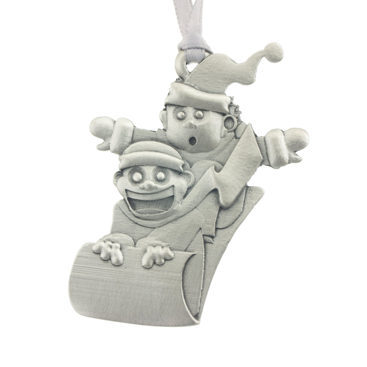 Toboggan Run Christmas Tree ornament. Made from Pewter. Silver ribbon. Made in Fredericton NB New Brunswick Canada