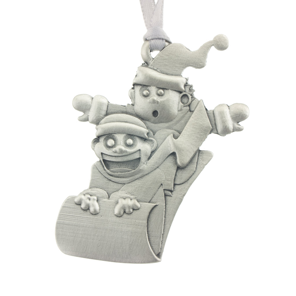 Toboggan Run Christmas Tree ornament. Made from Pewter. Silver ribbon. Made in Fredericton NB New Brunswick Canada